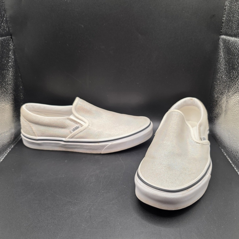 Vans Classic Slip-On Silver Iridescent Glitter Suede Sneakers Womens 8.5 500714